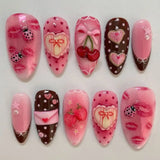 Shopmocho 24pcs Wearable False Nail Strawberry Bow Design Nails Tips Red Short Almond Pearl Starlight Fake Nail Art Flower Press on Nails