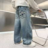 SHOPMOCHO Boys' Wide Leg Jeans Cartoon Embroidery Back Pocket Loose Fit Streetwear Casual Denim Pants Comfortable Fashion Ages 5-15 Years
