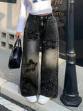 SHOPMOCHO Girls Y2K Washed Fabric Five-Star Pattern Patchwork Denim Straight-Leg Pants Versatile Trendy All-Seasons.Full elastic waistband