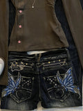 SHOPMOCHO American Fashion High Street Large Size Butterfly Embroidered Women Jeans Y2K Millennium Harajuku Slim Flared Jeans