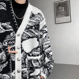 SHOPMOCHO Men Printed Sweater Coat Top quality V Neck Knitted Cardigan Autumn Lazy Chic Elegant Sweater Men High Street Hip Hop Oversized