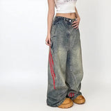 SHOPMOCHO Autumn And Winter Korean Fashion Women'S Straight Leg Jeans With Side Stripes Wide Leg Pants Casual Pants Blue Jeans