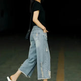 Shopmocho Retro Faded Hole Denim Jeans Women Summer Thin High Waist Loose Wide Leg Pants Small Size Seven Casual Pants