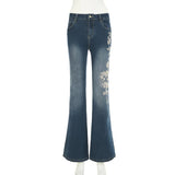 Shopmocho Flare Pants Jeans Women Embroidery Boot Cut Low Waist Washed Distressed Pockets Floor Length Streetwear 2025 Denim Trousers