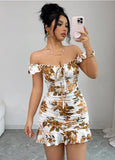 SHOPMOCHO Boho Style Women's Multicolor Mini Cami Dress With Shirred Details And Plants Pattern Sleeveless Flounce Hem