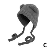 Shopmocho Winter Plush Beanies Cute Bear Ear Wool Hat Warm Lace-up Gorros Knitting Cap Women Bonnets Protection Bomber Korea Ear Knit X4L2