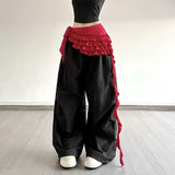 SHOPMOCHO Embroidered Flower Lace Mini Skirt Irregular See Through Ruched Skirts Lace-up Design High Waist Pleated Skirts