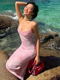 Shopmocho Women Pink Sweet Dresses Summer New Mesh Dresses Streetwear Fashion Print Dress Sexy Sleeveless V-Neck Elegant Knitted Clothing