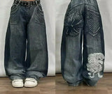 SHOPMOCHO Street Fashion Trend Skull Embroidered Jeans Women Harajuku Y2K New Hip Hop Joker Straight Wide-leg Pants Couple Casual Jeans
