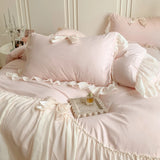 Shopmocho Korean Style Princess Lace Bow Bedding Set Pink Sweet Girl Chiffon Ruffles Duvet Cover Bed Sheet Pillowcase Wedding Home Textile