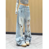 SHOPMOCHO High Waist Wide Leg Denim Jeans Women's Summer New Style High Street Hole Design Slimming Long Trousers Trendy Fashion
