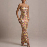Shopmocho Summ Women Flowers Sequin Patchwork Slim Party Long Dress Strapless Fashion Maxi Dress, Sexy Sleeveless Ladies Dress Vestidos
