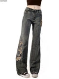 SHOPMOCHO Retro Floral Embroidered Low-rise Flared Jeans Retro Street Low-rise Slim Jeans Harajuku Style Y2k Aesthetic Women's Pants 2025
