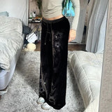 Shopmocho Women Velvet Pants Goth Dark Y2K Star Hot Diamond Slim Flared Pants Retro Streetwear Low Waist Bellbottom Pants