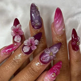 SHOPMOCHO 24Pcs Pink Almond False Nails Butterfly Ballet with French Design Wearable Fake Nails Simple Artificial Press on Nails Tips Art
