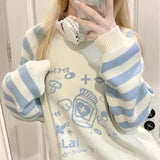 Shopmocho Striped Zipper Y2k Subcultural Women's Long Sleeve Sweater Round Neck Autumn Winter Preppy Style Sweet Loose Kawaii Knitted Top