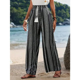 SHOPMOCHO Plus Size 1XL-5XL New Women's Striped Printed Casual and Simple Wide Leg Pants Ladies Casual Lace Up Leg Pants