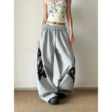 SHOPMOCHO Women Grey Baggy Wide Leg Sweatpants American Letter Print Pants Harajuku Japanese 2000s Style Vintage Y2k Casual Trouse