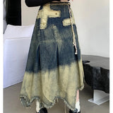 Shopmocho Women's Vintage Cross Fringed Denim Skirt, High Waist A-line Slimming Irregular Mid Length Skirt, Autumn and Winter New Style