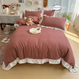 SHOPMOCHO 3pcs red,black plaid Duvet Cover Set (1*Duvet Cover + 2*Pillowcase, Without Core), Lace embroidery Bedding Set
