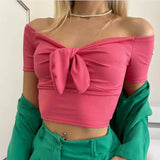 SHOPMOCHO Sexy Off Shoulder Twist Bow Bare Midriff Short T Shirt Women Short Sleeves Bottoming Shirt Ladies Tee Shirt Tops Camisetas Mujer
