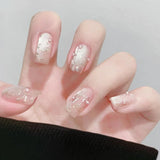 Shopmocho 24Pcs Glitter Diamond Press On Nails Sweet Cute Girl Acrylic Nails Full Cover Short Square Fake Nails Wearable Manicure Nail Tip