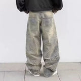 SHOPMOCHO Street Gothic Retro High Waisted Wide Leg Trousers 2025 Y2k Hip Hop Baggy Jeans Men's Street Fashion Raw Edge Embroidered Jeans