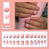 Shopmocho 24Pcs Gold Ripple Brown Flowers False Nails with Rhinestones Pearl Design Wearable Almond False Nails Full Cover Press on Nails