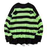 SHOPMOCHO Black Stripe Sweaters Destroyed Ripped Sweater Men Pullover Hole Knit Jumpers Men Oversized Sweatshirt Harajuku Long Sleeve Tops