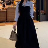 Shopmocho New Arrival Women's Fashion Two-piece Illusionshirt Black Long Sleeve Dress High-end Feel Matching Set