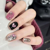 Shopmocho 24pcs Detachable Short Press on Nails Y2k rhinestone False Nails with Glue Ballet Sweet Cool Girls Artificial False Nails Tips
