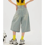 SHOPMOCHO 2026 Summer High Street Women Baggy Thin Jeans Female High Waist Capri Pants Girls Solid Color Leisure Denim Shorts