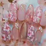 SHOPMOCHO 24Pcs Peach Blossom Press on Nails Cat's Eye Nude Glitter False Nail for Women&Girl Spring and Summer Detachable Wearable Nail