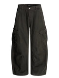 SHOPMOCHO Adjustable Waist American Retro Loose Straight Leg Women's Work Trousers Multiple Pockets Cleanfit Long Pants Comfortable Casual