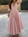 Shopmocho Elegant V-Neck Pleated Long Dresses Women High Waist Summer 2025 French Style Fashion V-neck Backless Lace-up Vacation Vestidos