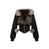 SHOPMOCHOWinter Warm Gothic Print Hoodie Women's Faux Fur Crop Top Zip-Up Sweatshirt Fashion Y2K Streetwear Hooded Jacket 2026 New
