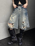 SHOPMOCHO American Street Washed Blue Denim Shorts Y2k E-Girl High Waist Loose Wide Leg Jeans 2026 New Hole Straight Knee-Length Pants