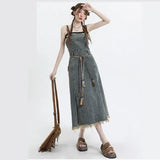 Shopmocho 2025 Spring New Vintage Denim Skirt Matching Set Women's Elegant Loose Hollow Knitted Shirt+Sexy Split Dress Two Piece Suit