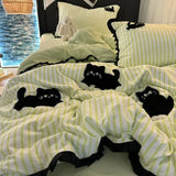 SHOPMOCHO Korean Style Bedding Set Green Strip Black Cat Embroidery Washed Cotton  Duvet Cover Cute Cardboard  Bed linen Comforter Sets