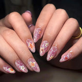 Shopmocho Pink Yellow Halo Dyeing Flower Water Ripple Summer False Nails Leopard Long Pointed Fake Nails Art Press on Nails Charm Manicure