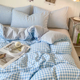 SHOPMOCHO Japanese Style Check Queen Quilt Cover Set 1/3 Pcs Soft Washed Duvet Cover and Pillowcase or Only Duvet Covers Skin-friendly