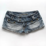 SHOPMOCHO Gothic Flower Embroidery Retro Denim Shorts Y2k Harajuku Rhinestone Blue Washed Low Waist Mini Shorts Women Sexy Streetwear