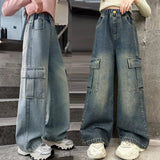 SHOPMOCHO Girls Cargo Jeans Kids Wide-legged Denim Pants Teenagers Fashion Streetwear Loose Trousers Children Casual Clothes 5-12Y