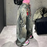 Shopmocho American Gothic Print Blue Wash Jeans Y2K Autumn Winter Retro Hip Hop Loose Casual Fashion Street High Waist Straight Jeans