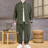 SHOPMOCHO Chinese Style Men Casual Set Ethnic Two Piece Cotton Comfort Stand Collar Jacket Retro Frog Buttons Cuff Ethnic Print Loose Fit
