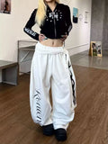 SHOPMOCHO American Retro Flame Letter Print Detachable Strap Scimitar Pants Jazz Casual Hip-Hop Loose Wide-Leg Fashion Jogging Sweatpants
