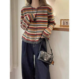 Shopmocho Round Neck Long Sleeve Color Striped Knitted Cardigan for Women in Autumn New Fashionable and Fashionable Sweater Jacket