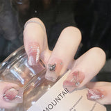 Shopmocho 24Pcs Glitter Diamond Press On Nails Sweet Cute Girl Acrylic Nails Full Cover Short Square Fake Nails Wearable Manicure Nail Tip