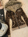 SHOPMOCHO Y2K Hot Girl Autumn Winter Harajuku Vintage Leopard Print Slim Fit Sweatshirt Women Gothic Fur Collar Zipper Long Sleeve Hoodie