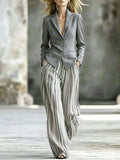 SHOPMOCHO New Elegant Women 2 Piece Suit Notched Lapel Grey Blazer High Waist Stripe Wide Leg Pants Business Casual Outfit Set 2026